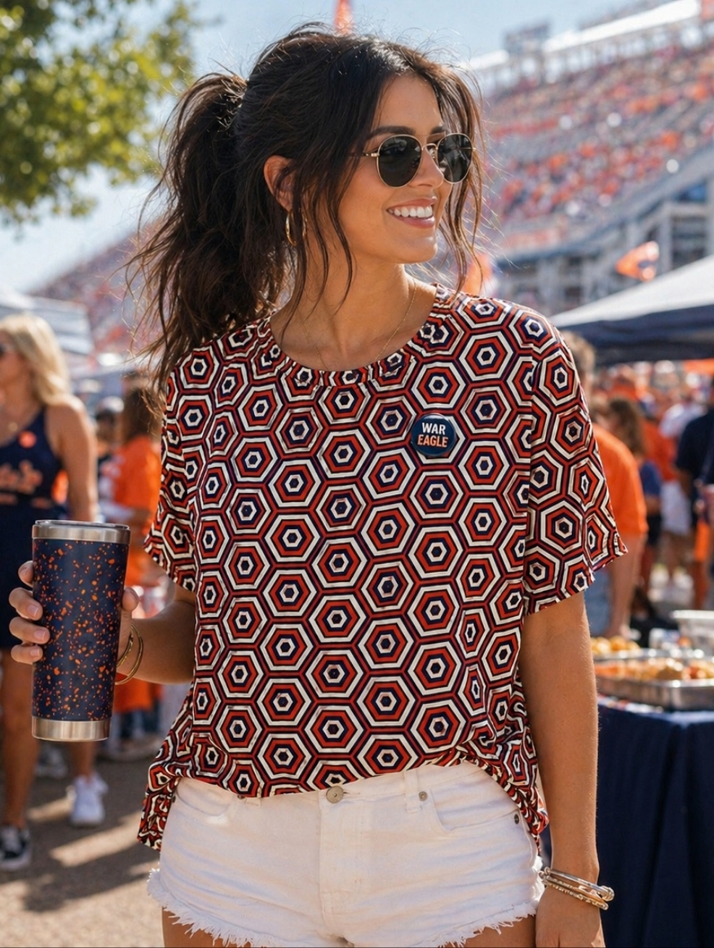 Pants Store Blouse Game Day S Navy Orange Tan Abstract Hexagon Short Sleeve New